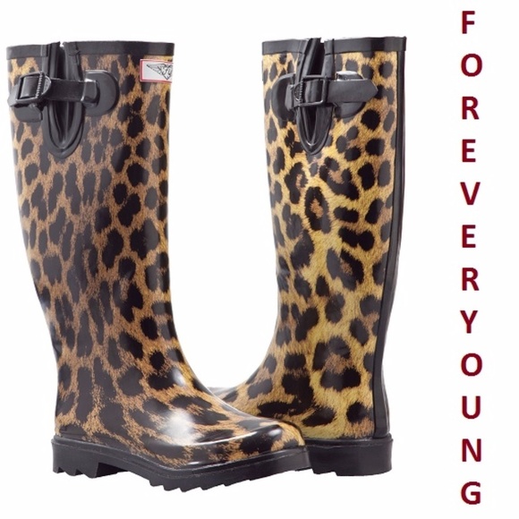 Women's Rain Boots, Rubber Tall Waterproof RainBoots, RB-1406, Leopard, Size 5 - Picture 1 of 3